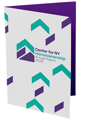 A report cover with teal and purple arrows, titled Center for NY Homeownership Annual Report 2026. The background is white, and the inside cover is purple.